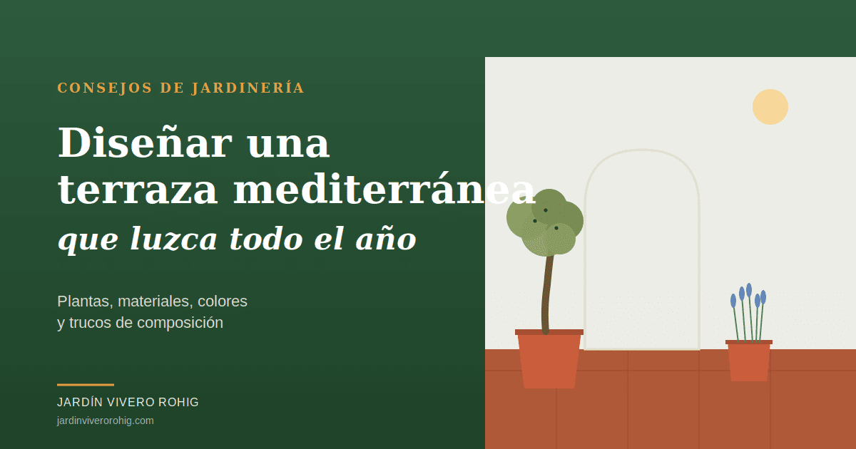 Terraza mediterránea con olivo y lavanda en macetas de terracota